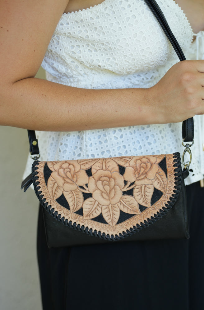 The Floral Etched Nomad Bag, Black/Cream Boho Leather Style