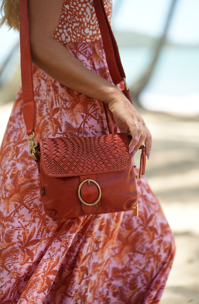 Red Vegan Leather Boho Crossbody Shoulder Bag authentic