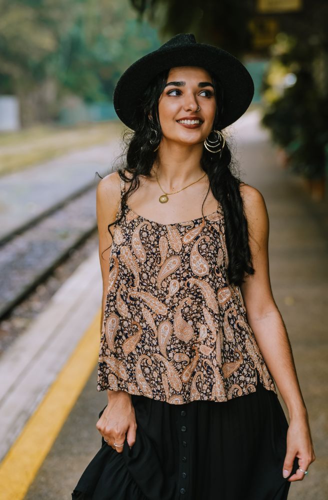 Black Paisley Kelly Singlet, Boho Style Summer Top