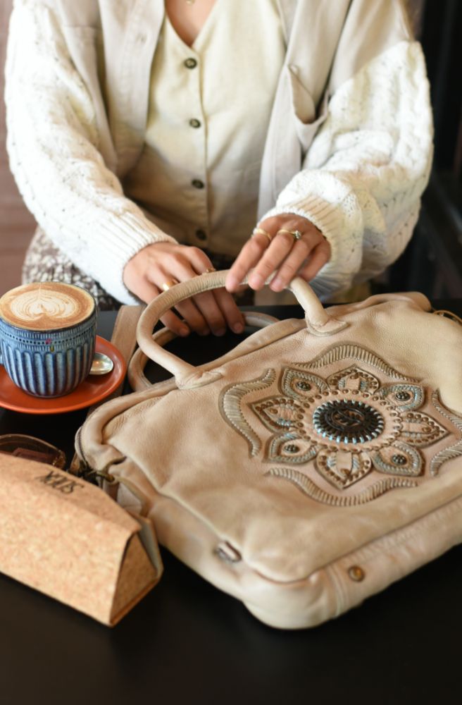 Jenna Laptop Bag Taupe, Boho Mandala Motif