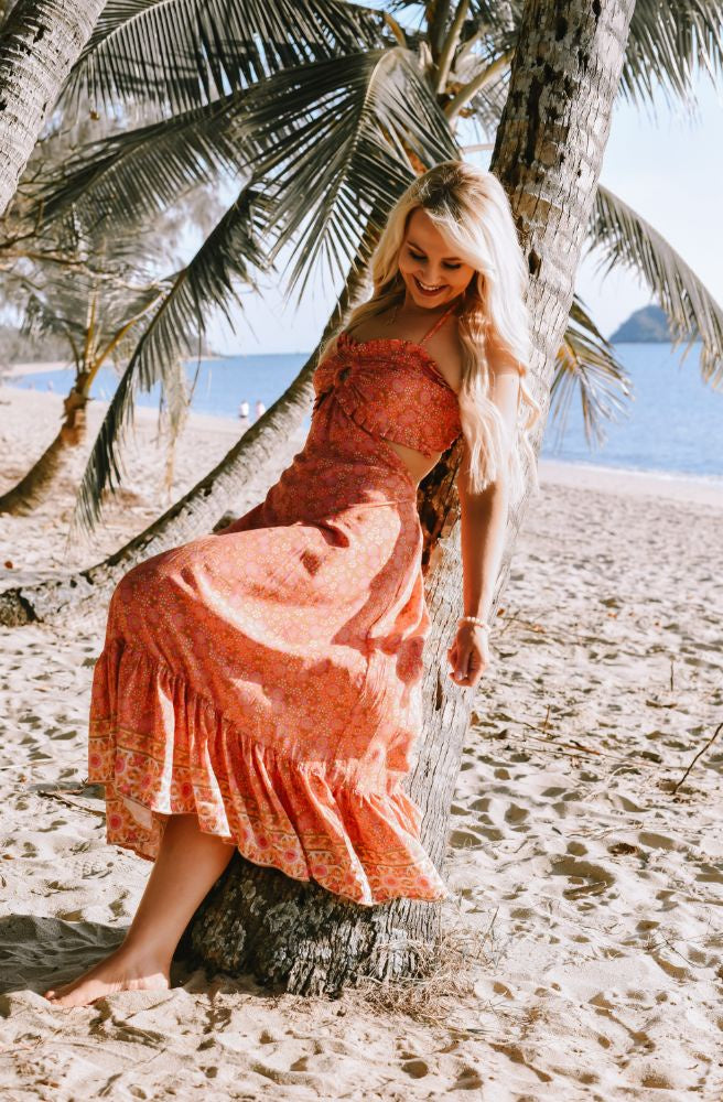 Orange Flower Julie Dress, Boho Maxi