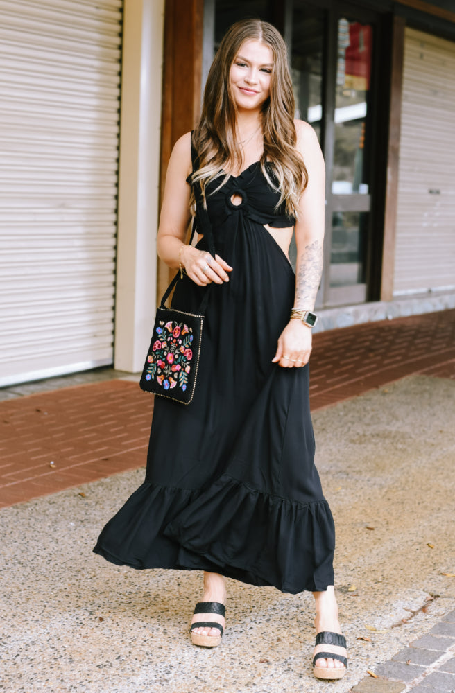 Ebony Julie Dress, Black Colour Boho Summer Style Maxi