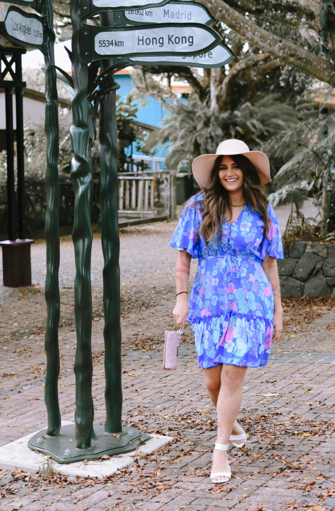 Sky Garden Mini Dress, Bold Blue Floral Print Mini