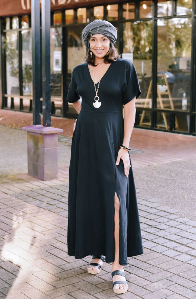 boho full length stretch knit maxi dress black