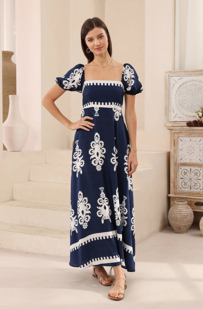 Navy Nero Bella Maxi Dress - Puff Sleeves, Empire Waist Shirred Back