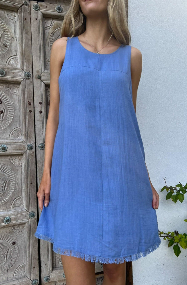 Freya Mini Dress Ocean Blue, Linen Cotton Blend Frayed Hem