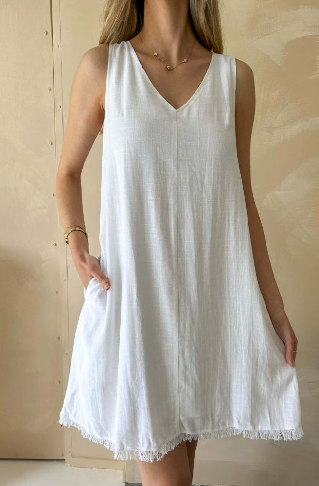 Vera Mini Dress White, V Neck Frayed Hem