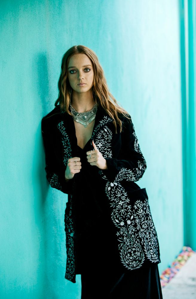 House of Skye Fleetwood Embroidery Coat Midnight, Winter Boho Style 