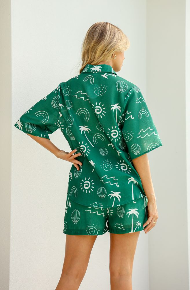 Womens Linen Tropical Palm Set Green, Rear View