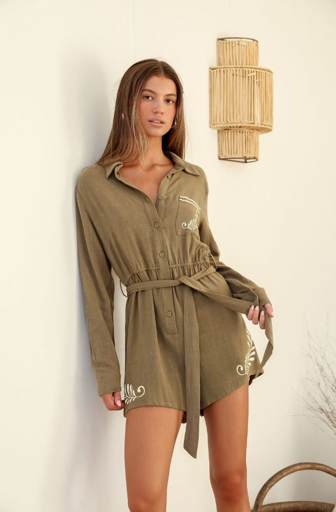 Filagree Playsuit Khaki, Boho Style