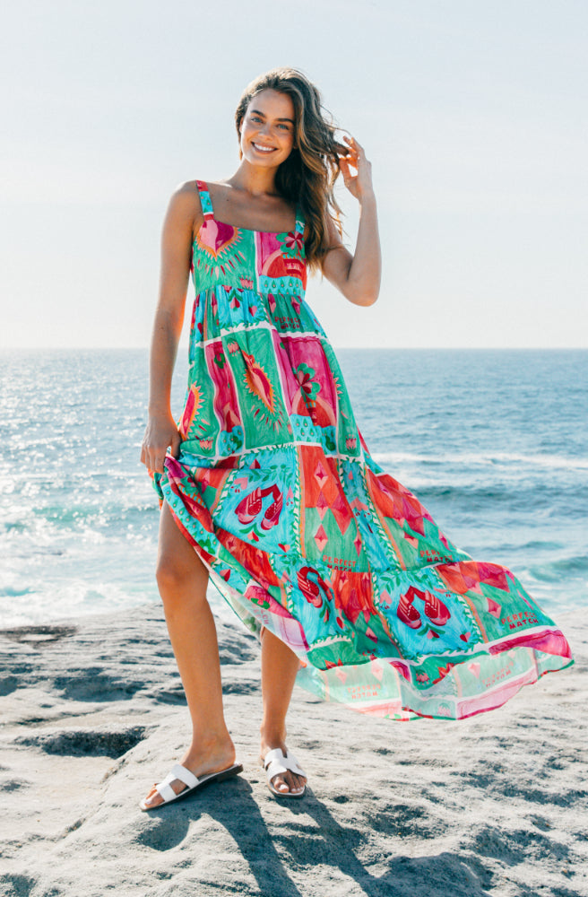 Flaming Hearts  Maxi Dress, Empire Waist Full Skirt