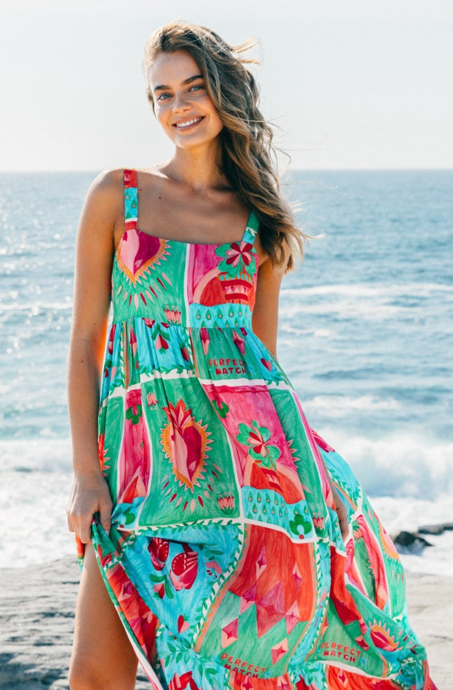 Flaming Hearts  Maxi Dress, Boho Summer Style