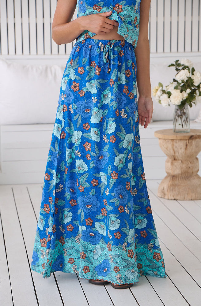 Jaase Love in Mist Print Otis Maxi Skirt, Drawstring Waist Blue Aqua Floral Pattern