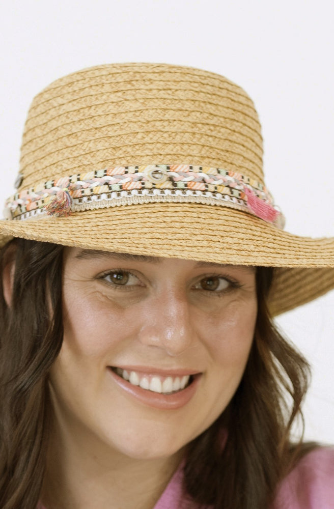 Priscilla Wide Brim Hat, Shell and Tassel Trim