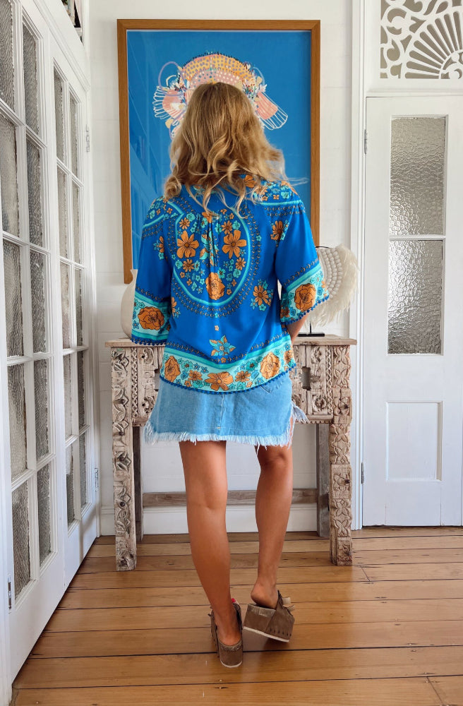 Jaase Riviera Print Gabriella Top, Rear View Blue Orange Floral Mandalas