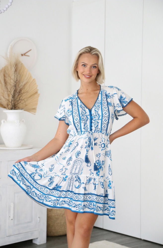 Santorini Flow Mini Dress, Boho Summer Style