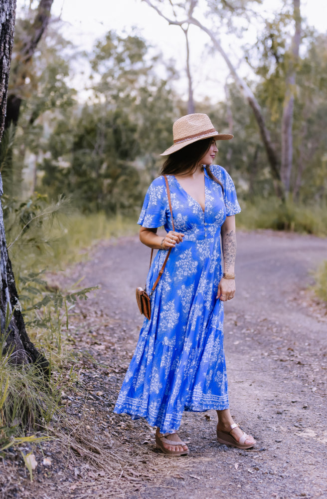 Blue Sabela Maxi Dress, Blue White Floral Boho print