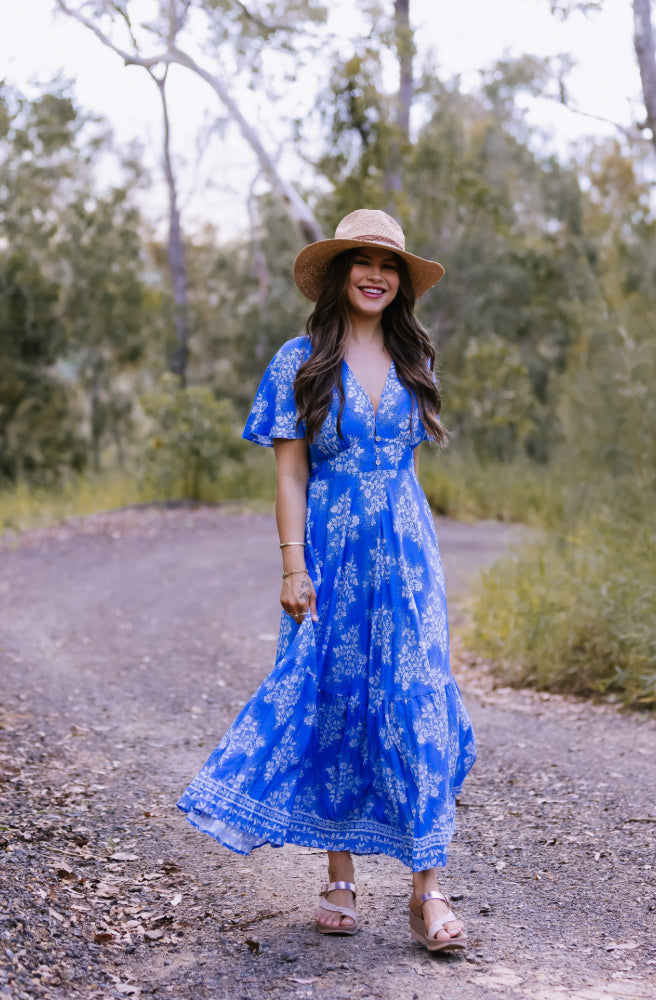 Blue Sabela Maxi Dress, Empire waist, Ruffle Hem Print Placement