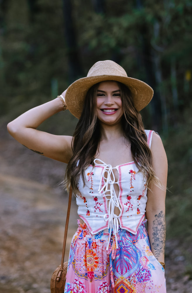 Serephina Vest Top Pink, Boho Cropped Style with Ties Through Front