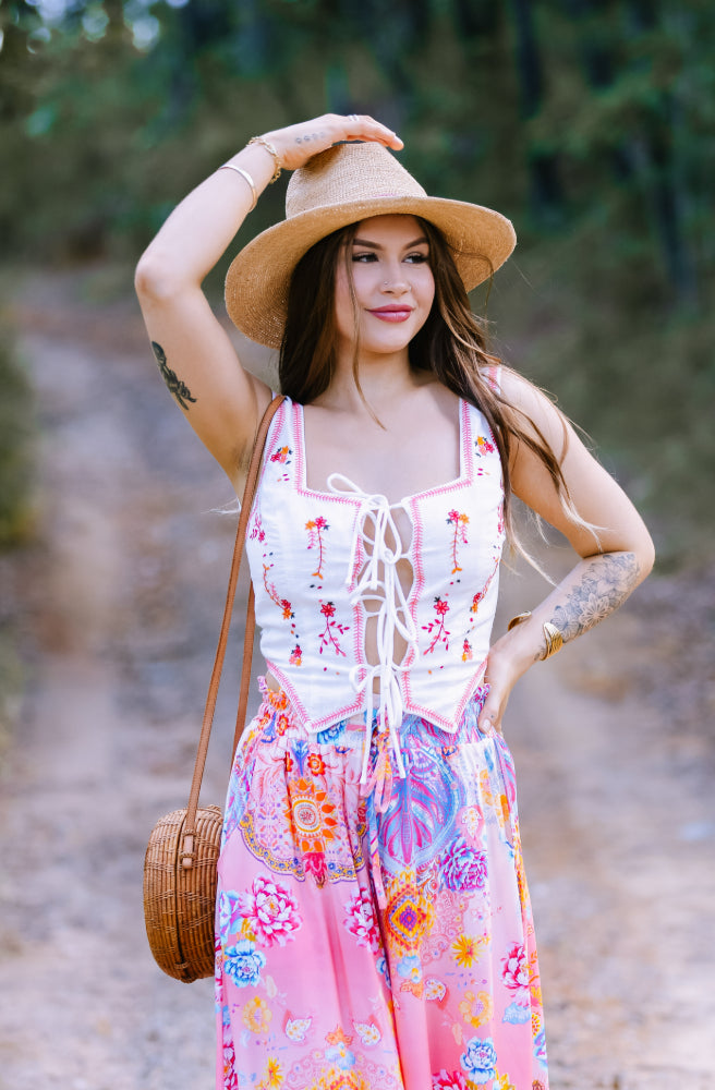 Serephina Vest Top Pink, White With Pink Embroidered Flowers