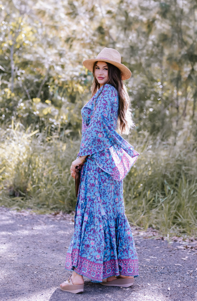 Boho Dreams Saradon Maxi Dress, Side View Flared Sleeves