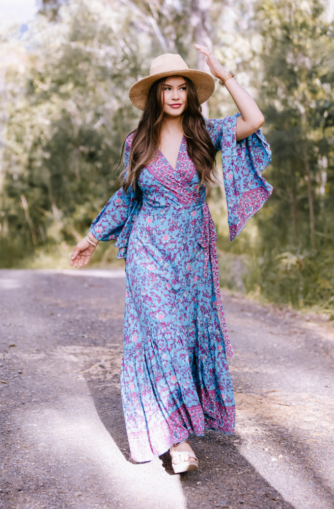 Boho Dreams Saradon Maxi Dress, Border Print Placement Wrap Style