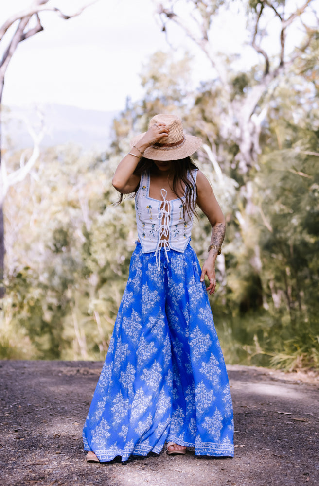 Serephina Vest Top Blue, White With Blue Embroidered Flowers