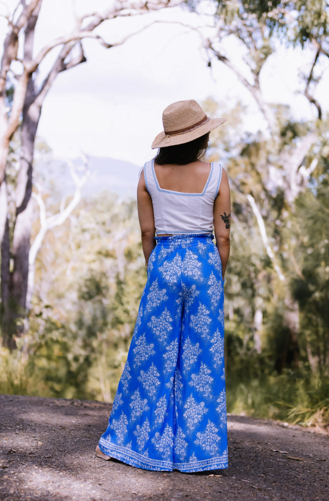 Blue Sabela Maxi Pants, Rear View Full Length