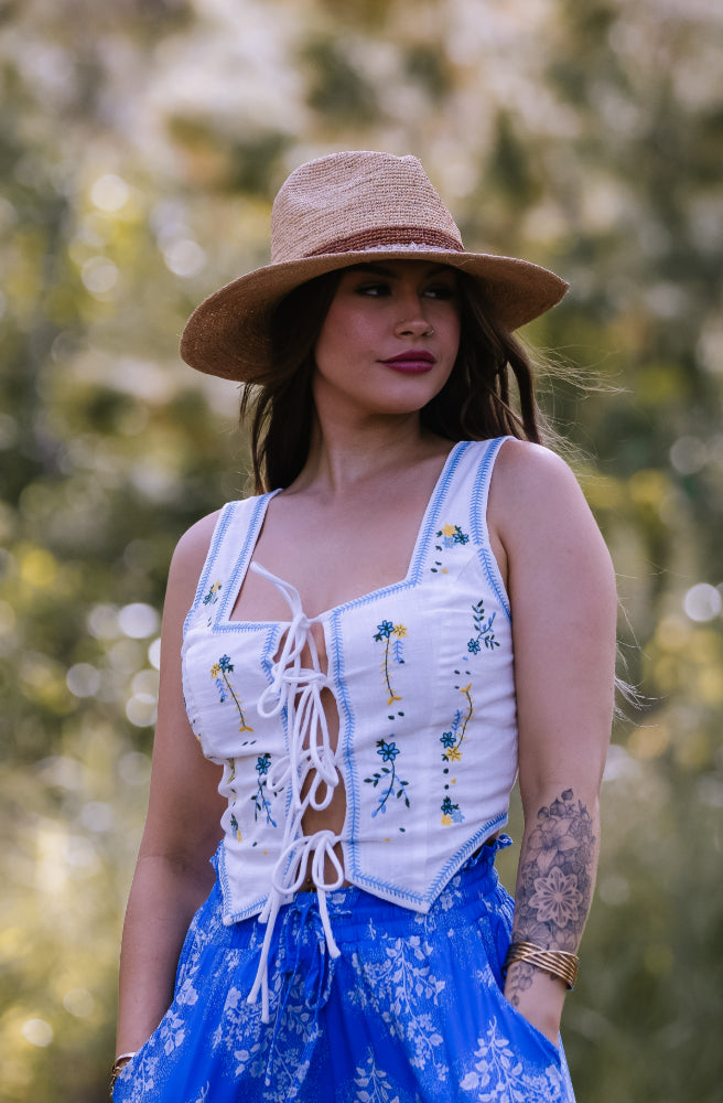 Serephina Vest Top Blue, Boho Style With Ties at Front