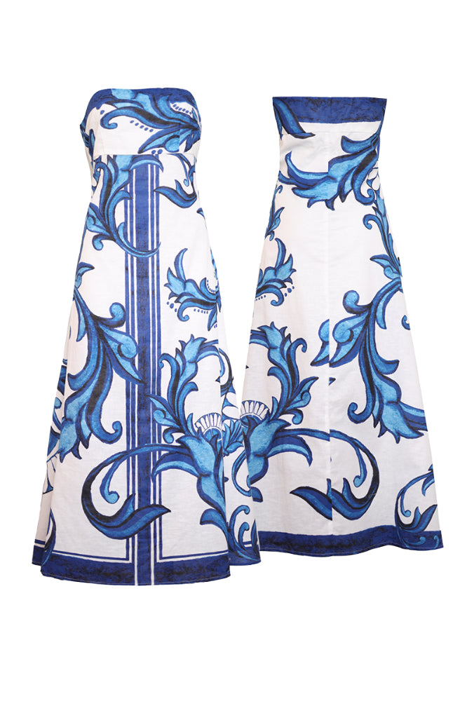 Zanya Maxi Dress Sapphire, Blue and White Rococo Floral Design