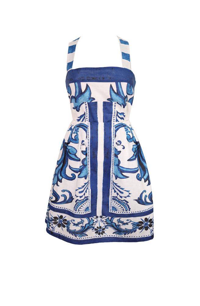 Zanya Mini Dress Sapphire, Vintage Rococo Style Print Blue and White